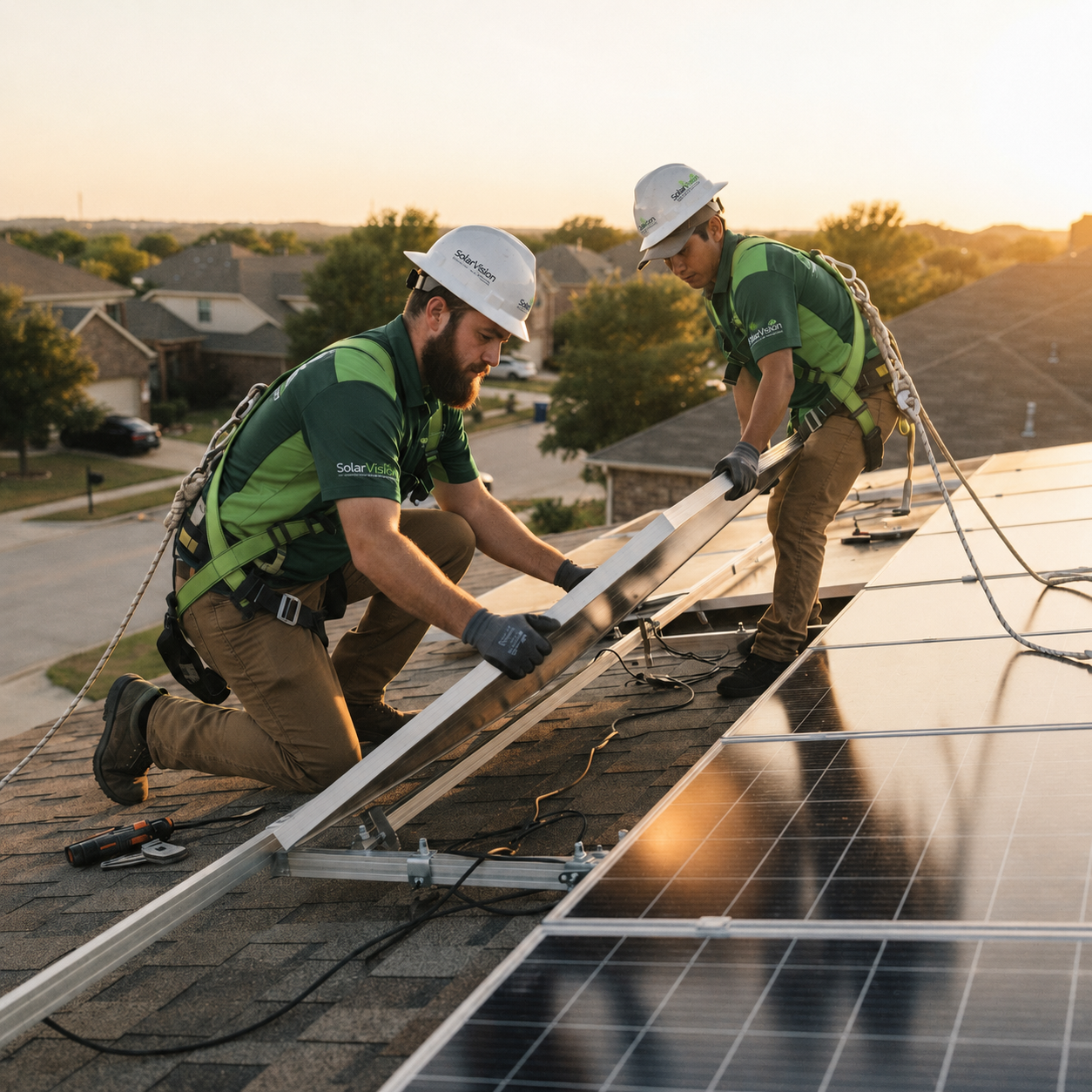 Monteure von SolarVision montieren Solarmodule auf einem Dach